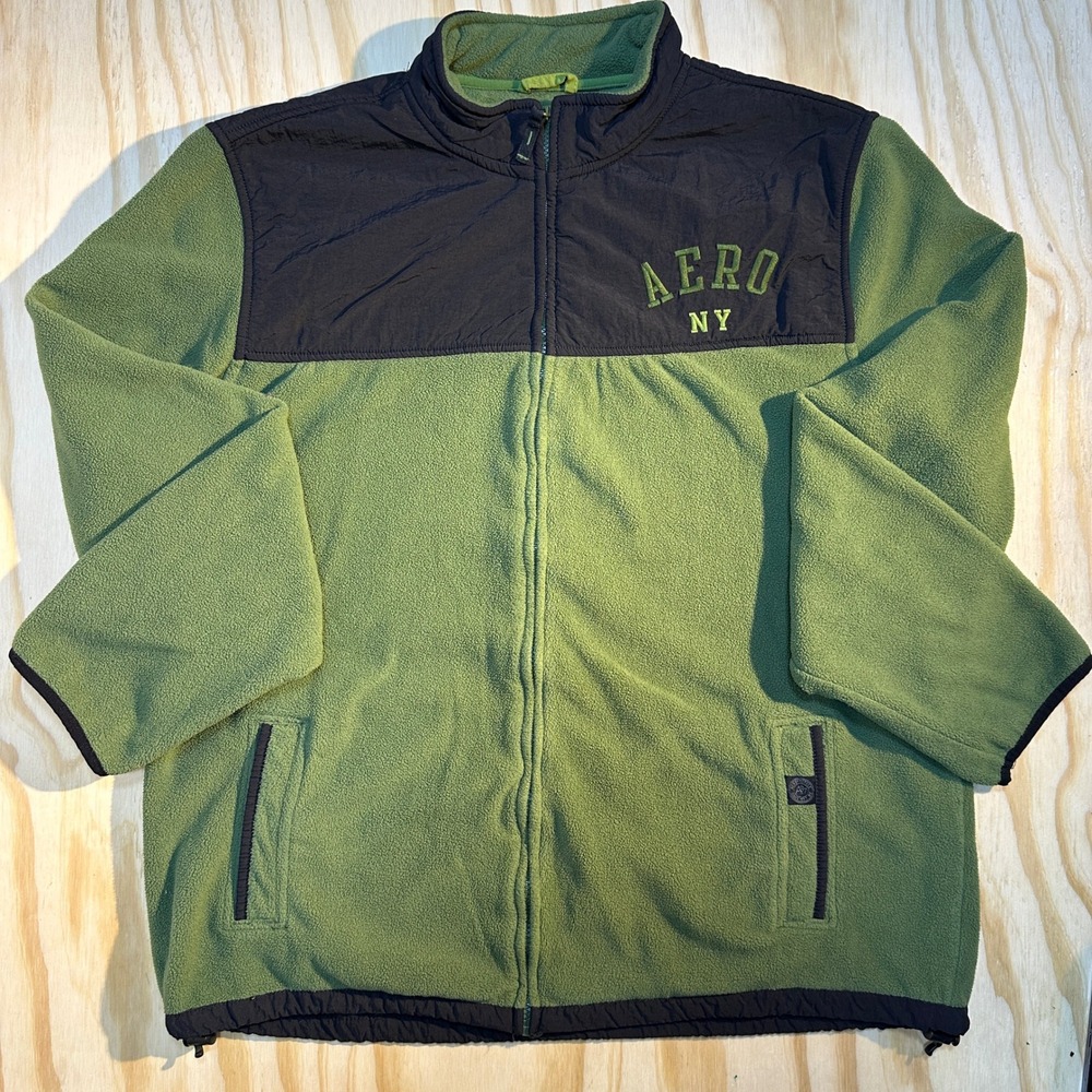 Aeropostale Men Full Zip Fleece Jacket Green Colorblock Aero NY Sweater Size XXL